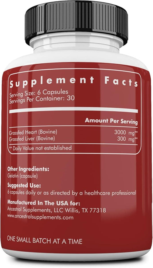 Ancestral Supplements Grass Fed Beef Heart Supplement, 3300mg, CoQ10 Supplement Supports Heart and Mitochondrial Health, Non-GMO, 180 Capsules