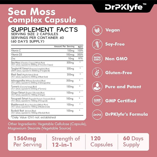 Sea Moss 3000mg Black Seed Oil 2000mg Ashwagandha 2000mg Ginger, 120 Vegan