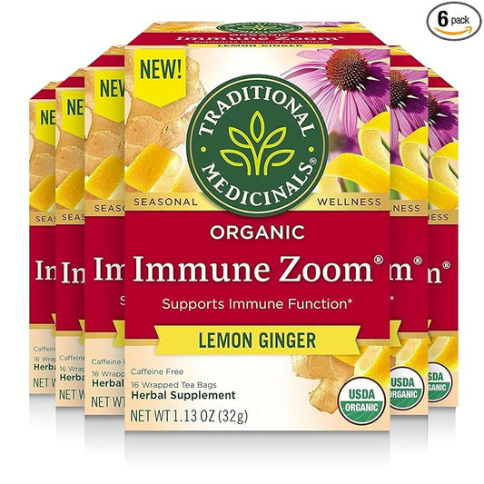 Traditional Medicinals Organic Immune Zoom Lemon Ginger, Supports Immune Function, (Pack of 6) - 96 Tea Bags Total