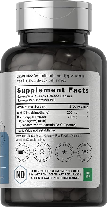 Horbäach DIM Supplement | 200mg | 200 Capsules | for Women and Men | Advanced Diindolylmethane | with Black Pepper Extract | Non-GMO, Gluten Free