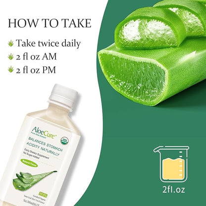 AloeCure USDA Organic Aloe Vera Juice Made Within 12 Hrs of Harvest - Pure Aloe Juice Natural Digestive Supplement to Support Digestion, Immune System and Balanced Stomach Acidity, 2 x 500ml Bottles