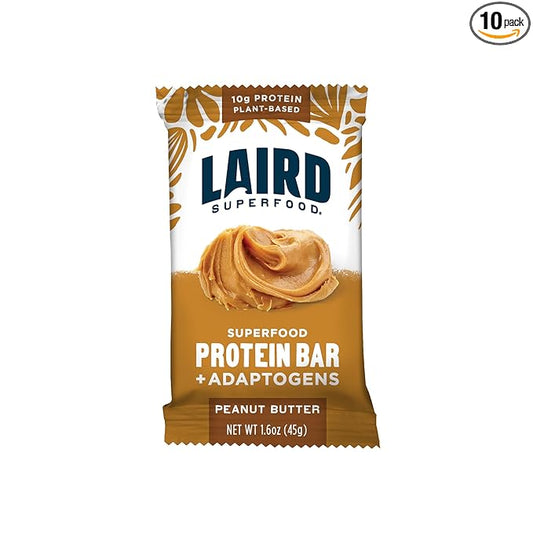 Laird Superfood Functional Protein Bars – Protein Bar but Better with Real Ingredients, Functional Mushrooms 10g Plant-Based Protein, 6g Fiber - Non-GMO - Peanut Butter, 10 Count (Pack of 1)