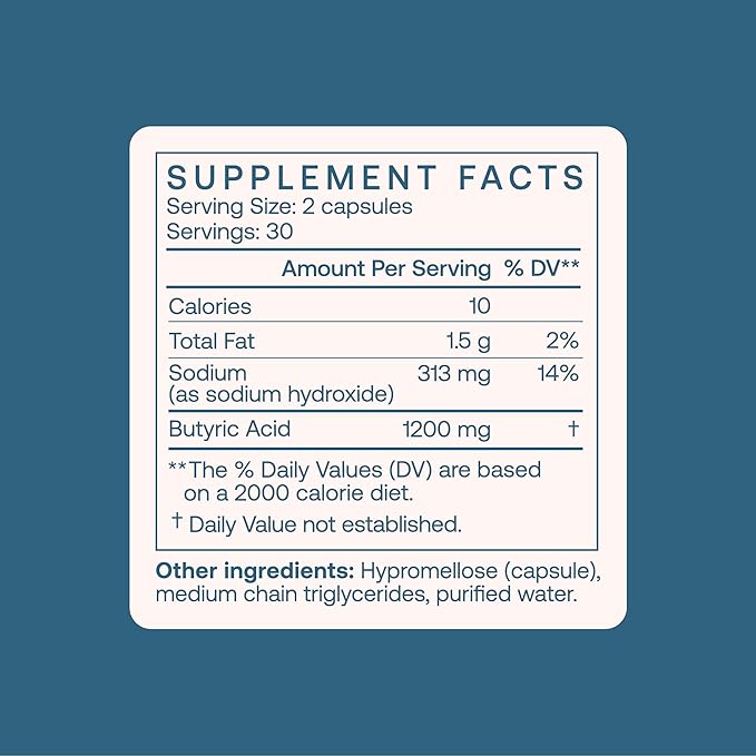 BodyBio Butyrate Supplement - Postbiotic for Gut Microbiome Health, Digestion and Regulation Support - Butyric Acid with Sodium - 60 Capsules