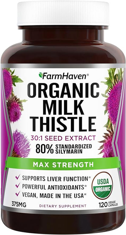 FarmHaven USDA Organic Milk Thistle Capsules |30X Concentrated 80% Silymarin 120 Veggie