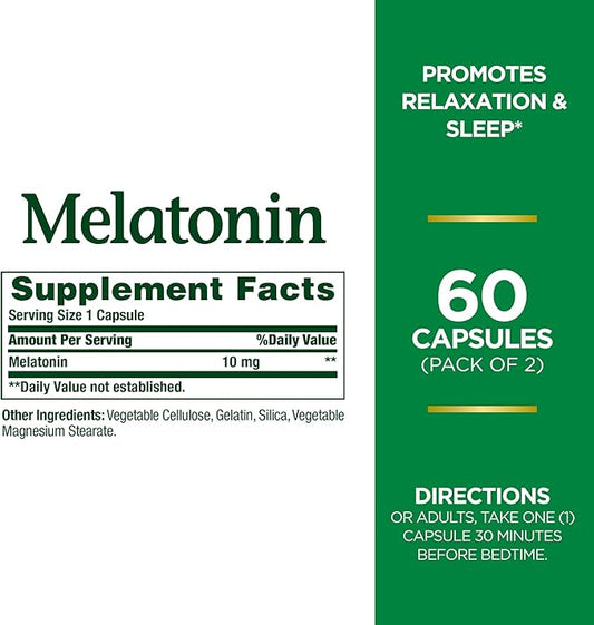 Nature's Bounty Melatonin, 100% Drug Free 10mg, 60 60 Count(Pack 2)