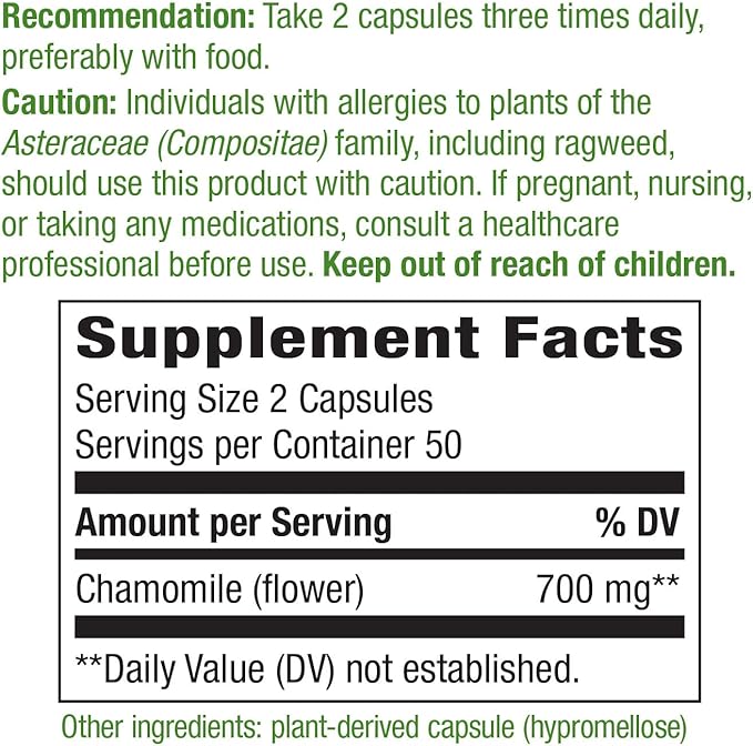 Nature's Way Chamomile Flower 700 mg 2-Capsule Serving- 100 Vegan