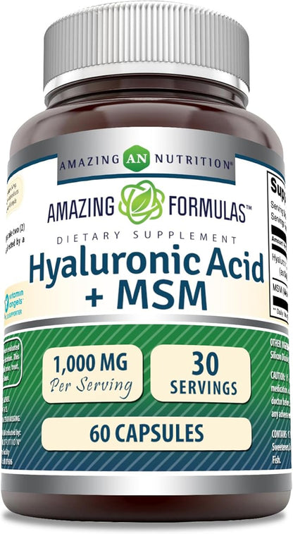 Amazing Formulas Hyaluronic Acid & MSM Supplement | 1000 Mg Per Serving | Capsules | Non-GMO | Gluten Free | Made in USA (1 Pack, 60 Count)