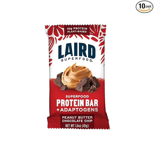 Laird Superfood Functional Protein Bars – Protein Bar but Better with Real Ingredients, Functional Mushrooms 10g Plant-Based Protein, 6g Fiber - Non-GMO - Peanut Butter Chocolate Chip, 10 Count (Pack of 1)