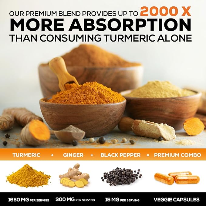 Turmeric Curcumin Supplement 1950mg with Organic Turmeric & Ginger, 95% Curcuminoids, BioPerine Black Pepper for Best Absorption, Nature's Vegan Joint Support, Non-GMO, Bottled in USA - 120 Capsules