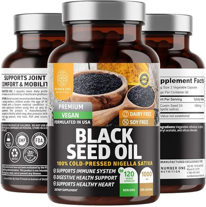 Number One Nutrition N1N Premium Black Seed Oil [Max Strength, 1000 mg] 100% Cold-Pressed Nigela Sativa to Support Digestion, Immune System and Joint Comfort and Mobility, 120 Caps