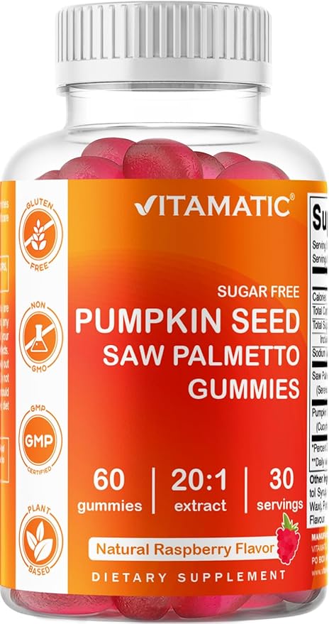 Vitamatic 2 Packs Sugar Free Pumpkin Seed Gummies - Made with Saw Palmetto - Natural Raspberry Flavor - 60 Count
