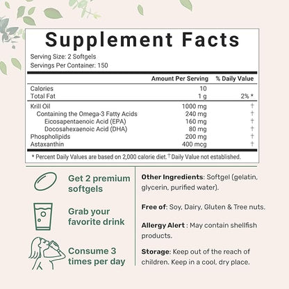 Micro Ingredients Antarctic Krill Oil Supplement, 1000mg Per 300 Soft-Gels, Omega-3s EPA,