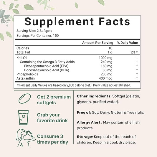 Micro Ingredients Antarctic Krill Oil Supplement, 1000mg Per 300 Soft-Gels, Omega-3s EPA,