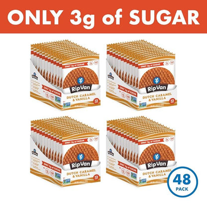 Rip Van Wafels Dutch Caramel & Vanilla Stroopwafels - Healthy Snacks - Non GMO- Keto Friendly - Office Snacks - Low Sugar (3g) - Low Calorie- 48 Pack