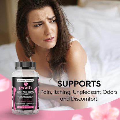 pHresh Boric Acid Suppositories for Women, Suppositories for Odor Use, Natural Feminine Care Supports Vaginal Health & Promotes Healthy pH Balance - Made in USA