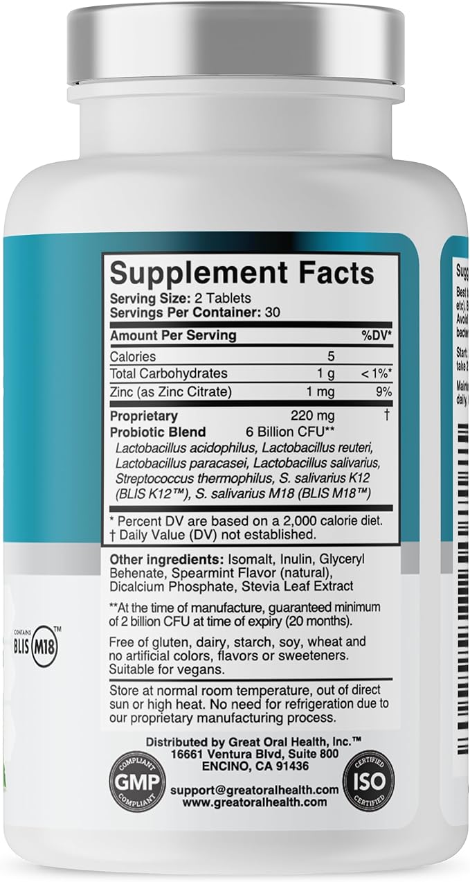 Oral Probiotics for Mouth Bad Breath Treatment for Adults: Dentist Formulated BLIS K12 M18 Advanced Oral Probiotics for Teeth and Gums, 60 Chewable Oral Health Probiotics Supplement Tablets (Mint 2pk)