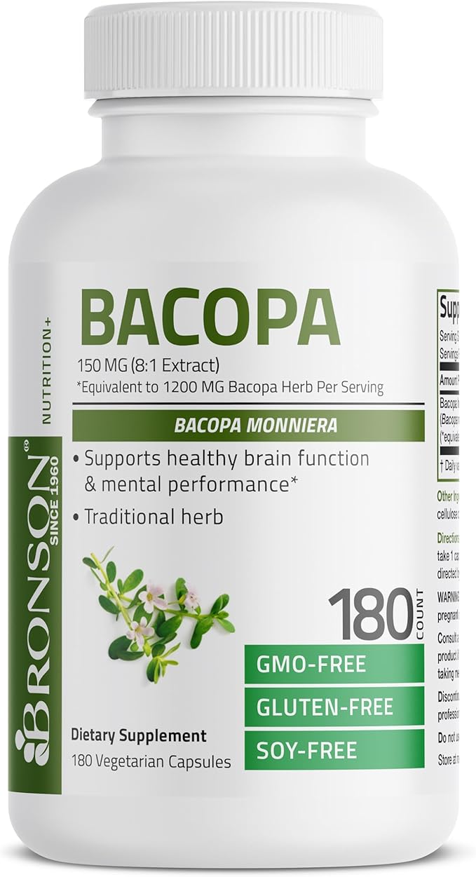 Bronson Bacopa Supports Healthy Brain Function and Mental Performance, Traditional Herb, Non-GMO, 180 Vegetarian Capsules