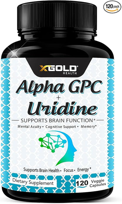 Alpha GPC Choline 600mg + Uridine 300mg-2-in-1 Nootropic -120 Veggie