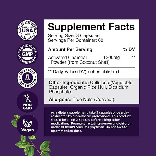 Cleanse and Detox Activated Charcoal Capsules - Purifying Detox Pills with 1200mg Per Serving for Bloating Relief and Body Cleanse - Coconut Charcoal Powder for Gut Health-180ct