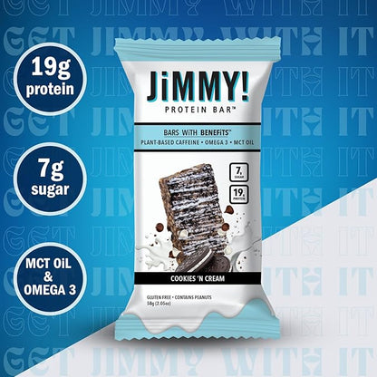 JiMMY'S! Functional Protein Bar - Cookies and Cream -12 Count - 18g Protein with Caffeine, Omega 3 and MCT Oils - Low Sugar, Gluten Free, Energy-Boosting
