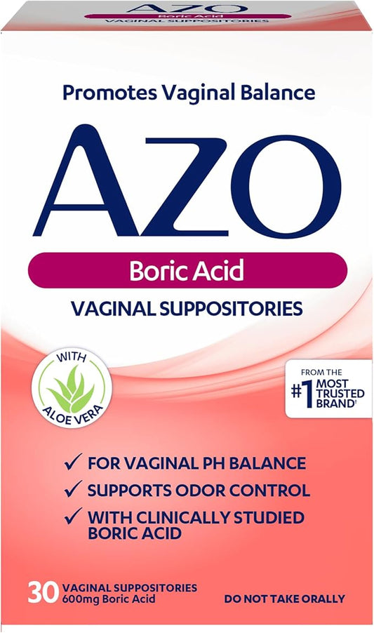 AZO Boric Acid Vaginal Suppositories, Helps Support Odor Control and Balance Vaginal PH with Clinically Studied Boric Acid, Non-GMO, 30 Count
