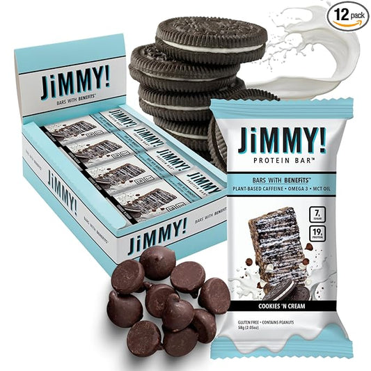 JiMMY'S! Functional Protein Bar - Cookies and Cream -12 Count - 18g Protein with Caffeine, Omega 3 and MCT Oils - Low Sugar, Gluten Free, Energy-Boosting