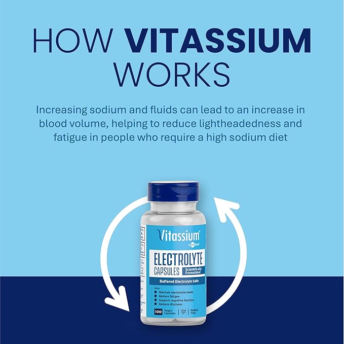 Vitassium Electrolyte Capsules, Electrolytes for The Management of POTS and High Sodium Diets (500mg Sodium - 100mg Potassium), Unflavored, 100 Salt Pills (Size 0)