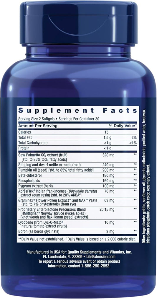 Life Extension Ultra Prostate Formula, saw palmetto for men, pygeum, stinging nettle root, lycopene, 11 nutrients for prostate function, non-GMO, gluten-free, 60 softgels