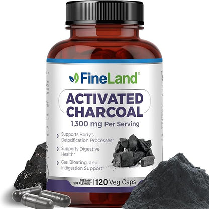 FineLand Activated Charcoal, 1,300 mg Detox Cleanse Support Capsules, Alleviate Gas & Bloating, Supports Arteries, Blood Circulation Colesterol Support, 120 Vegan Pills