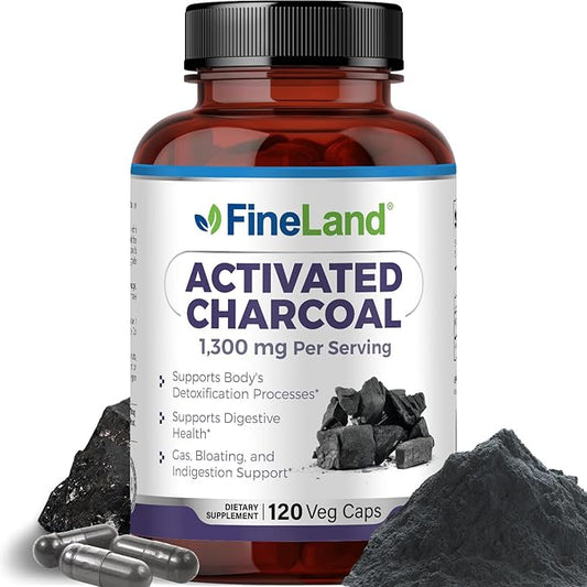 FineLand Activated Charcoal, 1,300 mg Detox Cleanse Support Capsules, Alleviate Gas & Bloating, Supports Arteries, Blood Circulation Colesterol Support, 120 Vegan Pills