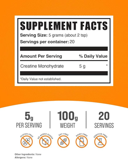 BulkSupplements.com Creatine Monohydrate Powder 5g (5000mg) (5000mg) per 100g (3.5 (3.5 oz) 1)