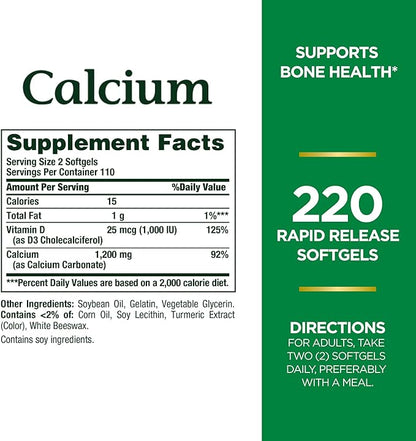 Nature's Bounty Calcium 1200 mg with 1,000IU Vitamin D3, Bone Health & Immune Support, 220 Softgels