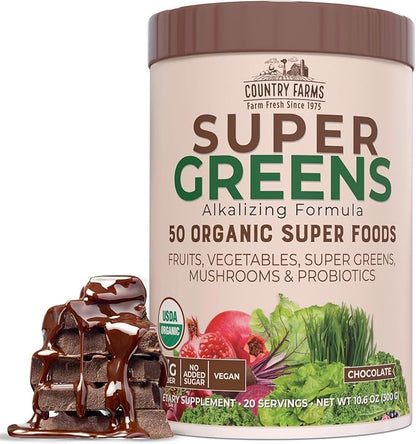 COUNTRY FARMS Super Greens Chocolate Flavor, 50 Organic 20 Servings, 10.6 Oz