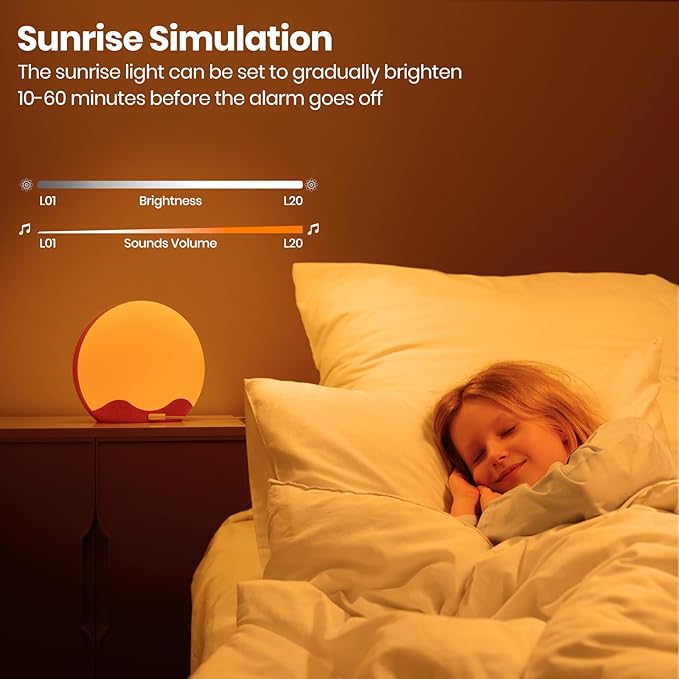 Wake up Light, Sunrise Alarm Clock 10,000 Lux 20 Brightness 4 Color 11 Color