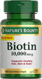 Nature's Bounty Biotin, Supports Healthy Hair, Skin and Nails, 10,000 mcg, Rapid Release Softgels, 180 Ct
