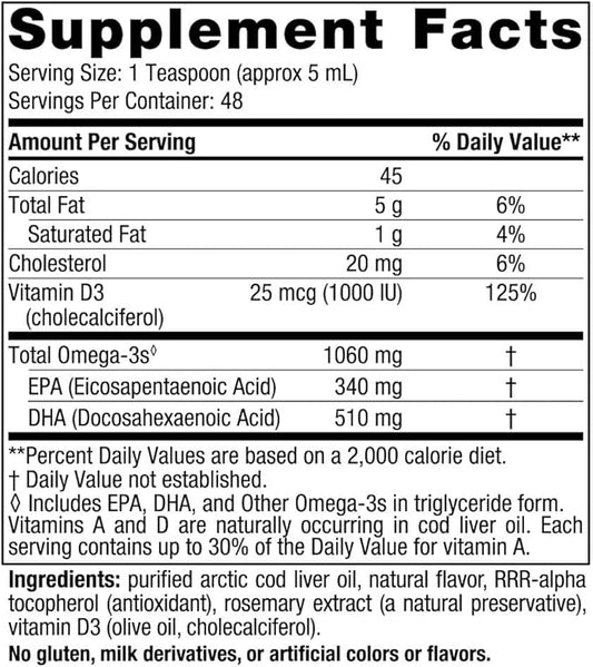 Nordic Naturals Arctic-D Cod Liver Oil, Lemon - 8 oz - 1060 mg Total Omega-3s + 1000 IU Vitamin D3 - EPA & DHA - Heart, Brain, Bone, Immune & Mood Support - Non-GMO - 48 Servings