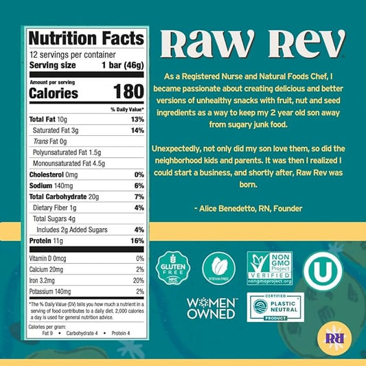 Vegan Protein Bars Chocolate Chip Cookie Dough with Low Sugar High Protein, 11g Protein, 4g Sugar, 11g Fiber, Keto, Plant Protein, Raw Rev Protein Bars High Protein Snacks for Adults, Pack of 12