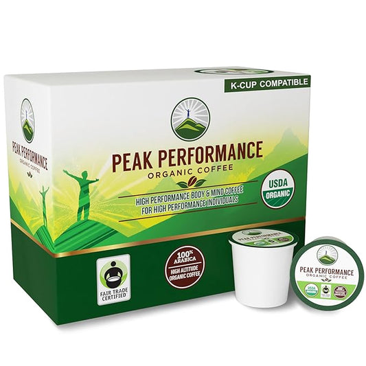 Peak Performance Organic Coffee Pods. Low Acid K-CUP Keurig Compatible High Altitude USDA Organic Coffee. Fair Trade Beans Medium Roast Single Serve 96 Count Recyclable Cups For High Performers