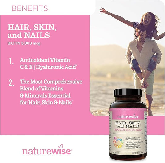 NatureWise Hair Skin and Nails Vitamin, 5000mcg w/Hyaluronic D3, A, 540 Softgels[6-Month Softgels[6-Month Supply]