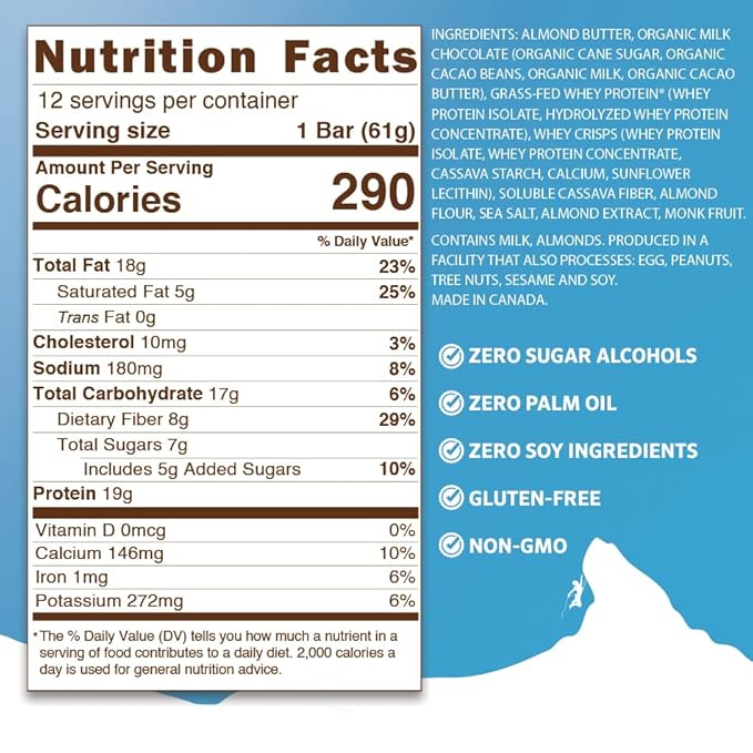 PEAK PROTEIN BARS - Almond Butter Amaretti - Natural - Grass-Fed Whey - 19G Protein - Non-GMO - Gluten Free - Organic Milk Chocolate (12 Bars)