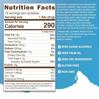 PEAK PROTEIN BARS - Almond Butter Amaretti - Natural - Grass-Fed Whey - 19G Protein - Non-GMO - Gluten Free - Organic Milk Chocolate (12 Bars)