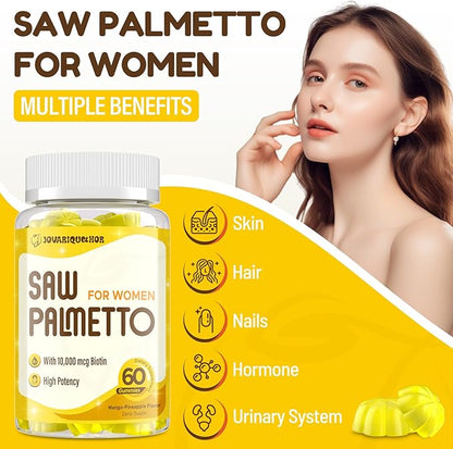 Saw Palmetto for Women - DHT Blocker Hair Growth Supplement - 500mg Potent Saw Palmetto Gummies for Hair, Skin, Nails, Urinary Wellness - Mango-Pineapple Flavor - 120 Gummies