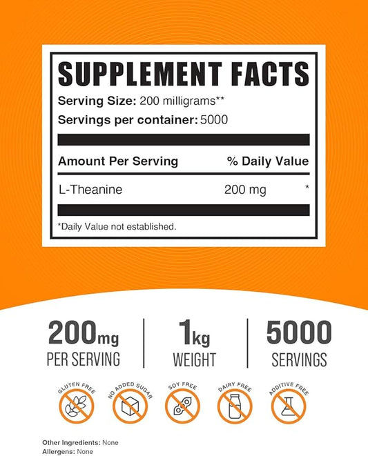 BulkSupplements.com L-Theanine Powder - L-Theanine Supplement, L-Theanine 200mg - Amino Amino Supplement, Pure & Gluten Free, 200mg per Serving, 1kg (2.2 lbs) (Pack of 1)