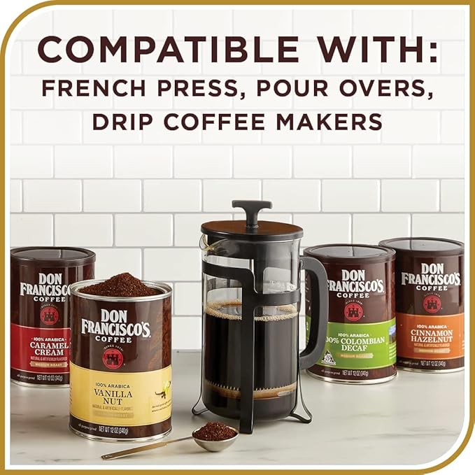 Don Francisco's Premium Decaf Colombia Supremo Ground Coffee: Rich, Aromatic 100% Arabica Beans - Family Crafted Flavored Coffee for a Delightful Morning Brew (12 oz Can)