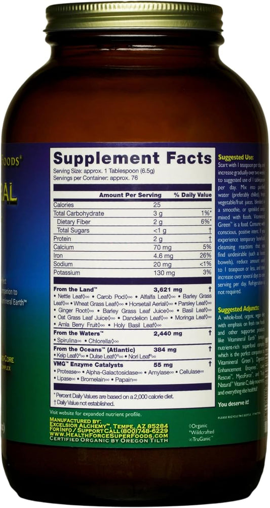 HealthForce SuperFoods Vitamineral Green - Mineral Supplement for Immune & Thyroid Support - Green Powder Supplement with Ingredients from The Land - Gluten-Free & Vegan - 500 Grams (Pack of 2)