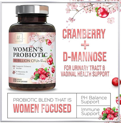 Probiotics for Women 90 Billion CFU, 16 Probiotic Strains with Cranberry, D-Mannose & Prebiotics, for Feminine PH Balance, Vaginal Odor & Digestive Health, Immune Support, Shelf Stable - 120 Capsules