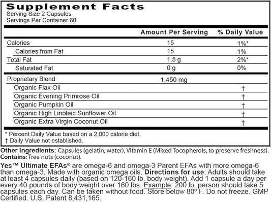 Omega 3 6 EFA Fish Oil Alternative, Organic Plant Based, Vegetarian, Burpless, No Fishy Aftertaste (4 x 120 Soft Gels) by YES Your Essential Supplements