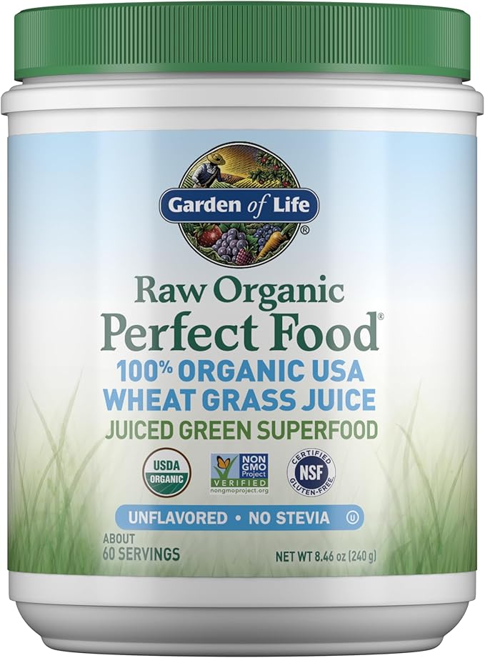 Garden of Life Raw 100% Organic Perfect Food USA Wheat Grass Juice - Green Superfood Powder, 60 Servings - Stevia & Gluten Free, Non-GMO, Vegan, Whole Food Dietary Supplement, 8.46 Oz