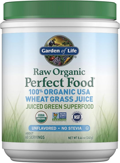 Garden of Life Raw 100% Organic Perfect Food USA Wheat Grass Juice - Green Superfood Powder, 60 Servings - Stevia & Gluten Free, Non-GMO, Vegan, Whole Food Dietary Supplement, 8.46 Oz