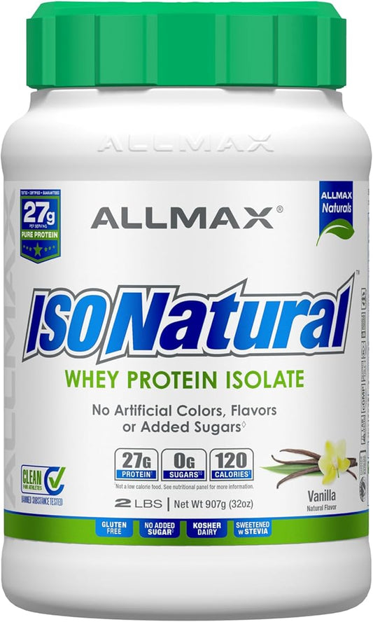 ALLMAX ISONATURAL Whey Protein Isolate, Vanilla 2 lb 27 Grams 99% Lactose 29 Servings